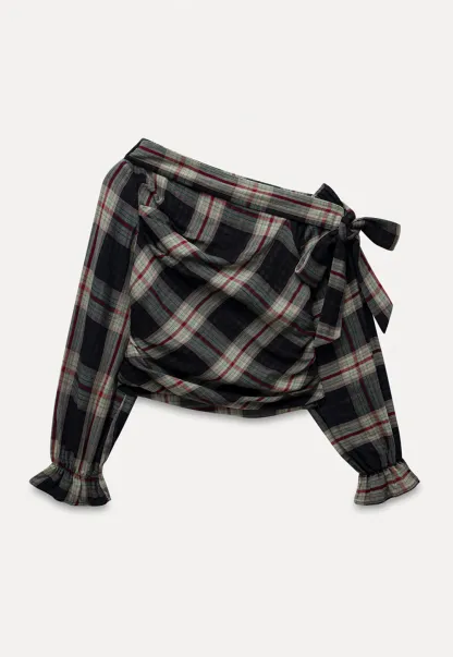 Womens Plaid Off Shoulder Tie Blouse