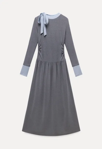 elegant grey long sleeve casual a-line dress