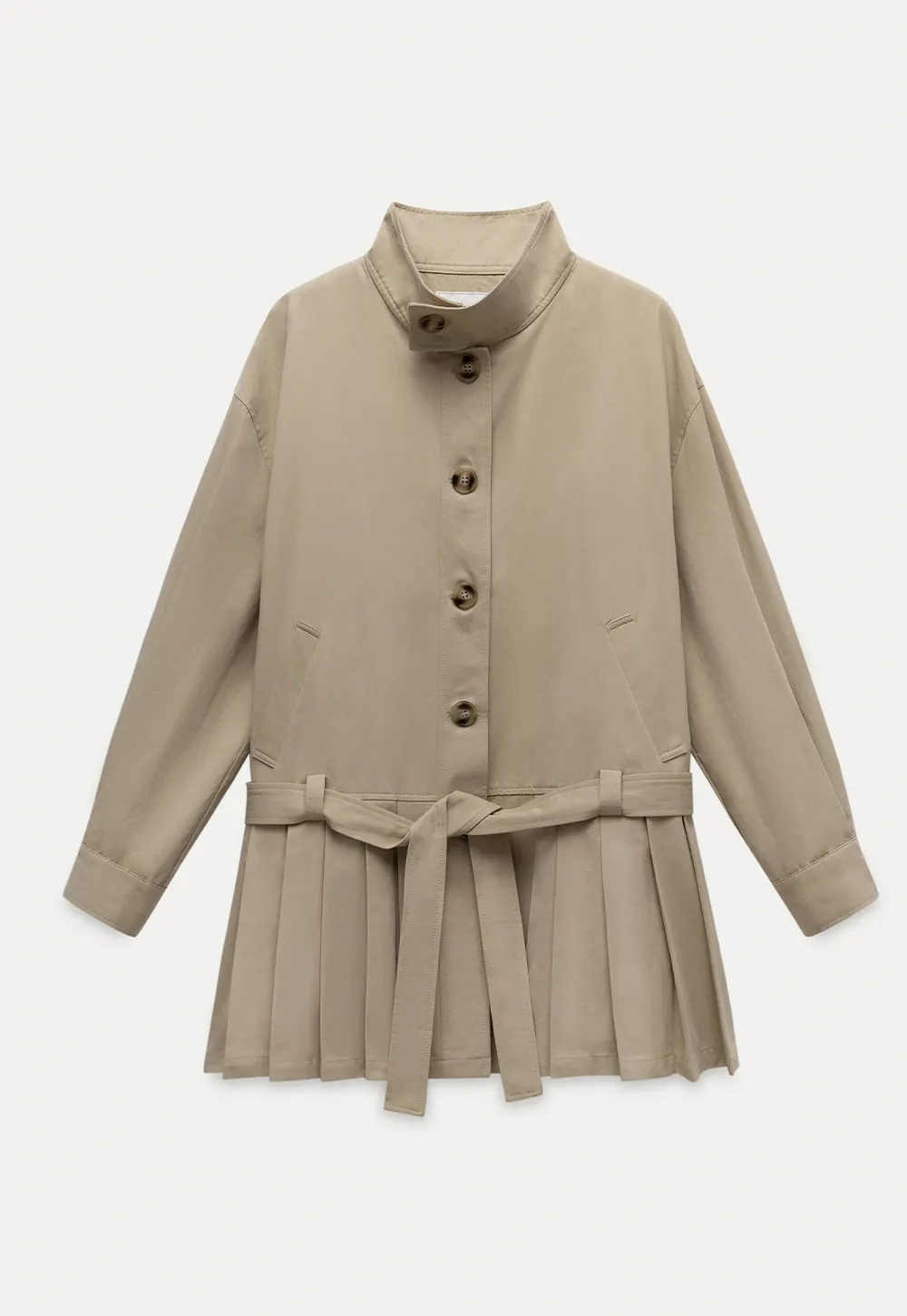 Womens Khaki High Neck Pleated Hem Trench Coat