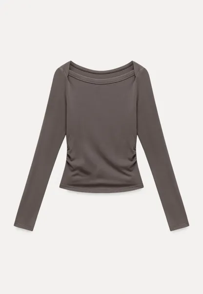 Women Boat Neck Ruched Long Sleeve T-Shirts