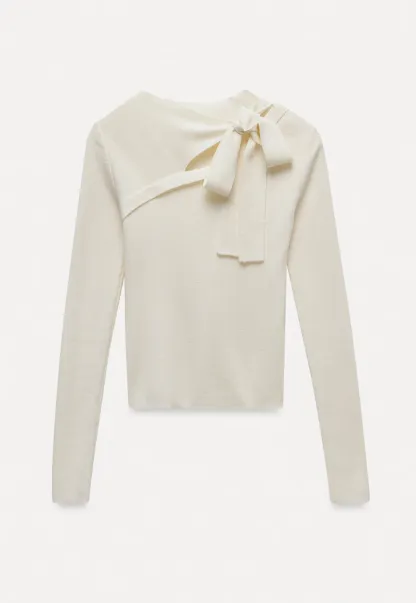 White Long Sleeve Knit Top With Tie