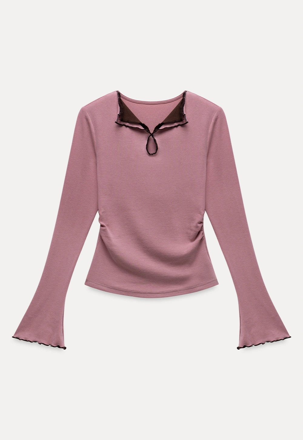 Contrast Trim V-Neck Long Sleeve Shoulder T-Shirt