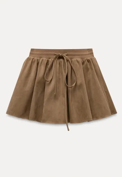 Womens Khaki Drawstring High Waist Pleated Mini Skirt