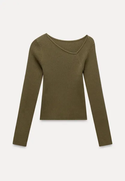 Womens Asymmetric Neck Ribbed Knit Long Sleeve Top