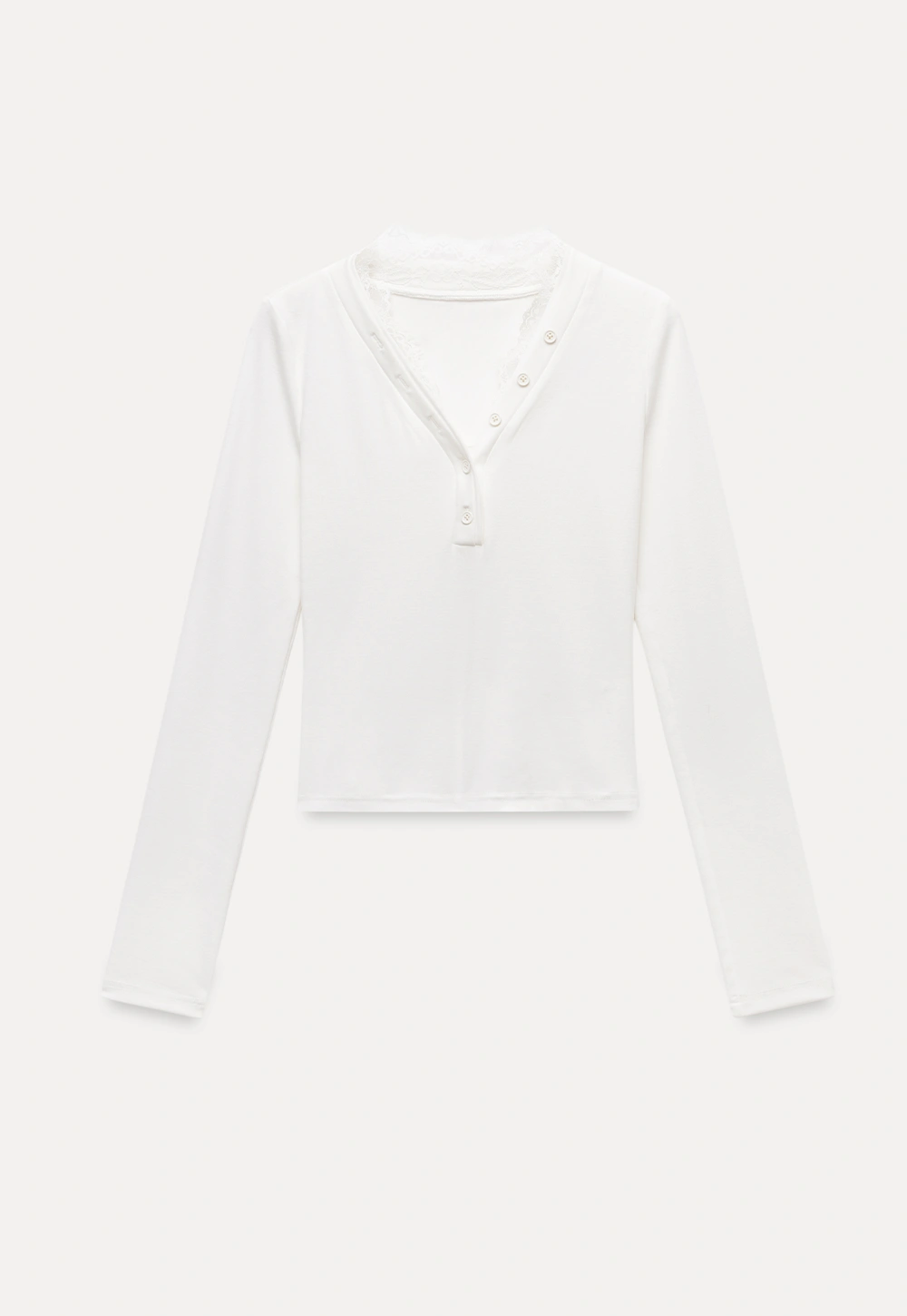 Womens White Lace Trim V Neck Long Sleeve Henley Top