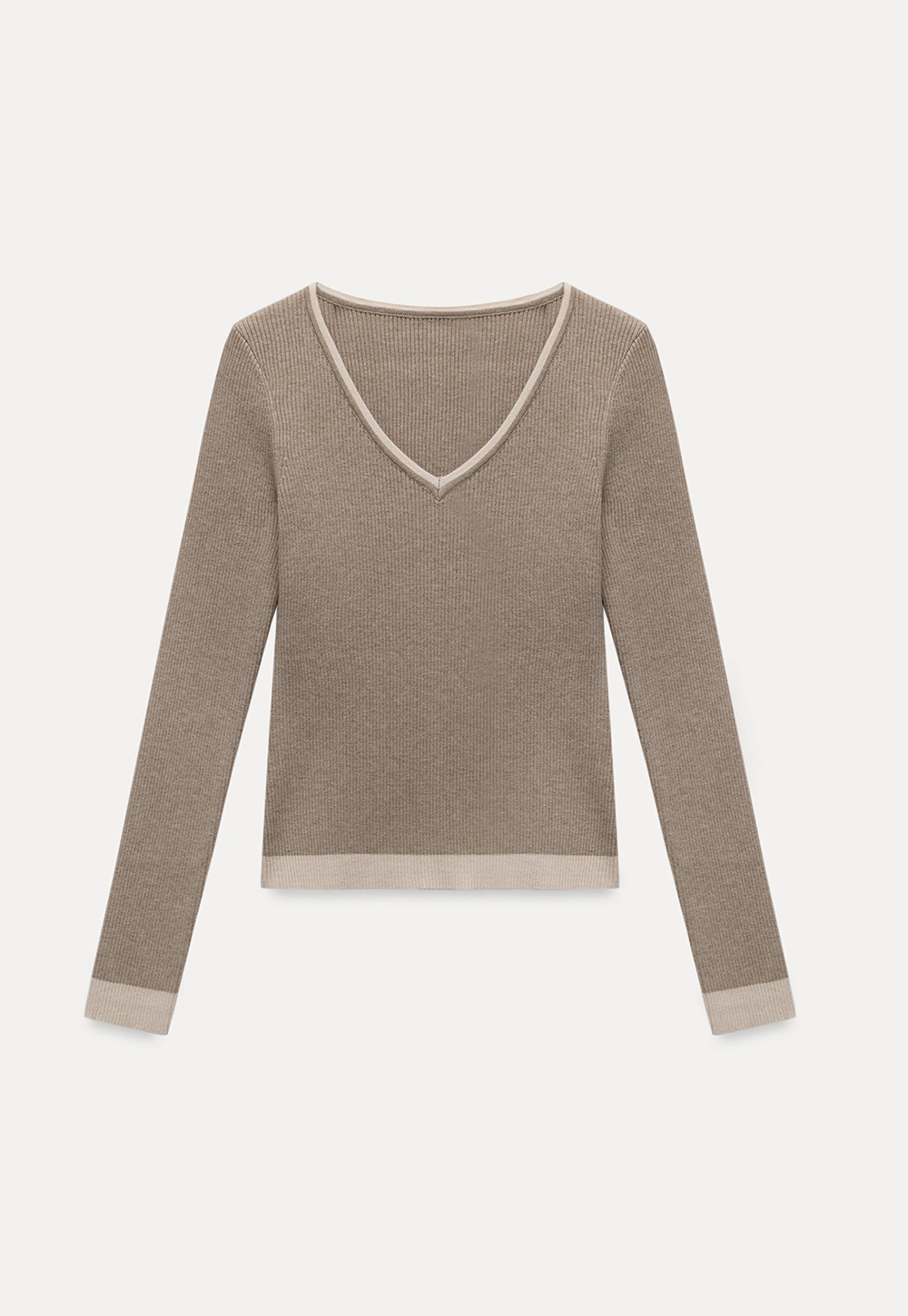 Womens V Neck Contrast Trim Knit Long Sleeve Top