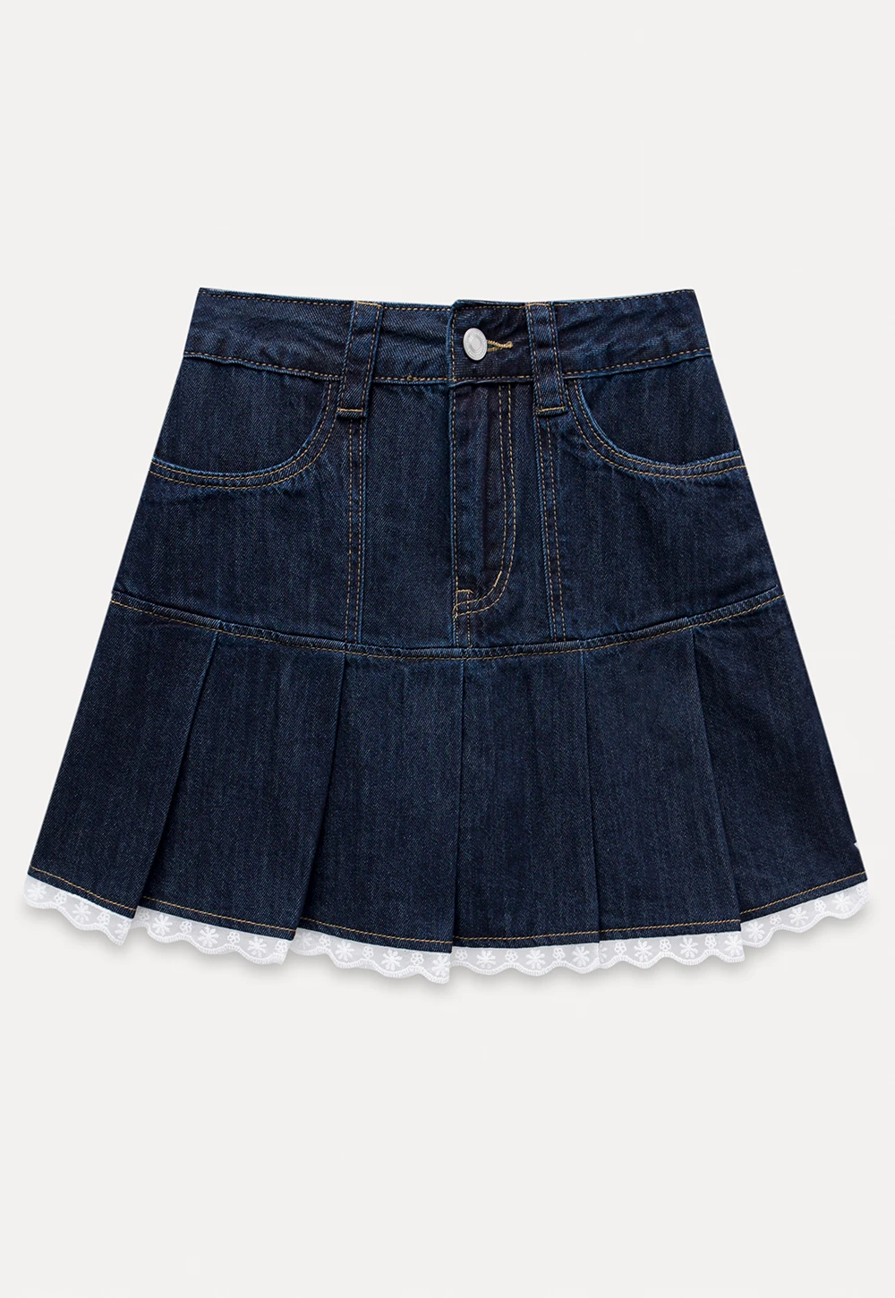 Women’s Pleated Denim Mini Skirt with Lace Trim