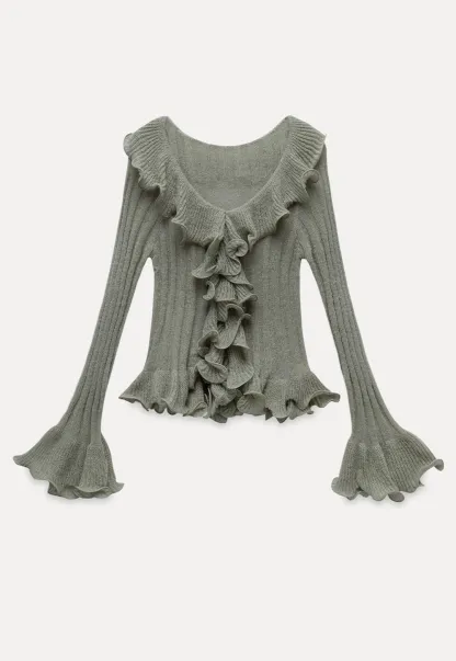 Womens Ruffle Hem Flared Sleeve Knit Top