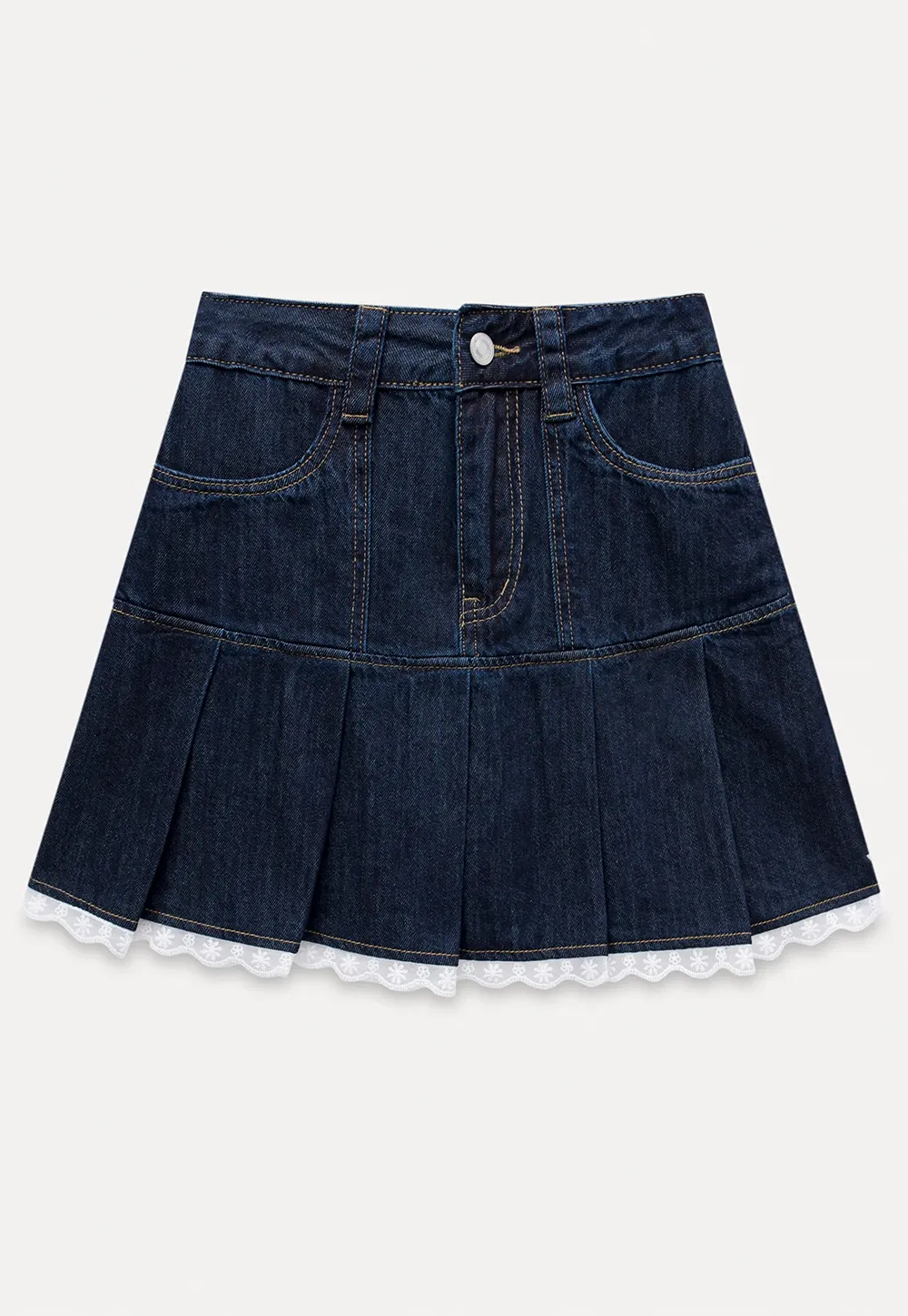 Women’s Pleated Denim Mini Skirt with Lace Trim