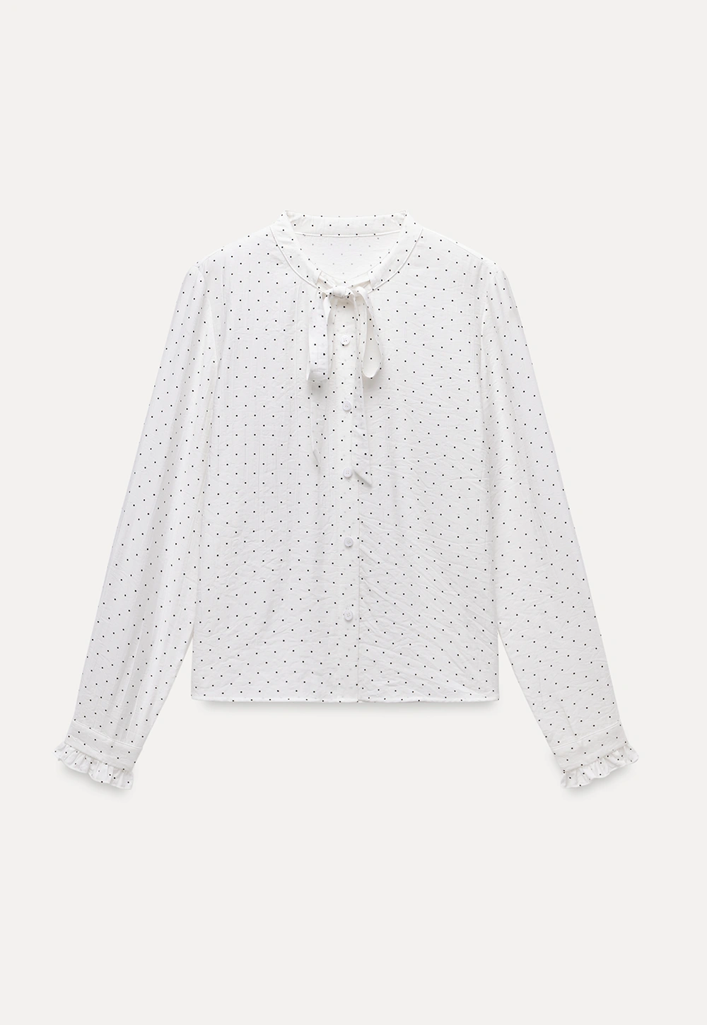 Womens Polka Dot Ruffle Trim Blouse with Bow Tie Neck