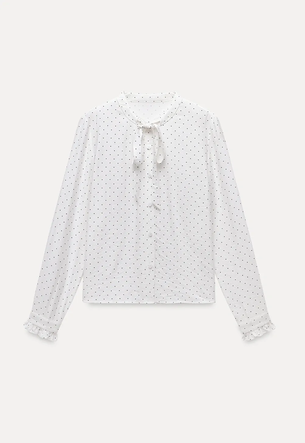 Womens Polka Dot Ruffle Trim Blouse with Bow Tie Neck