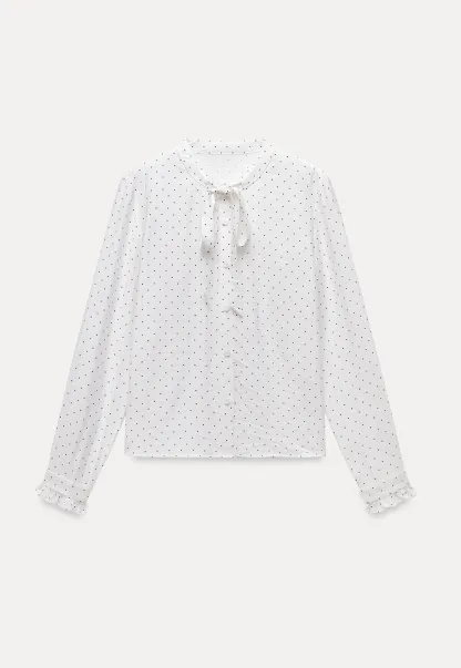 Womens Polka Dot Ruffle Trim Blouse with Bow Tie Neck