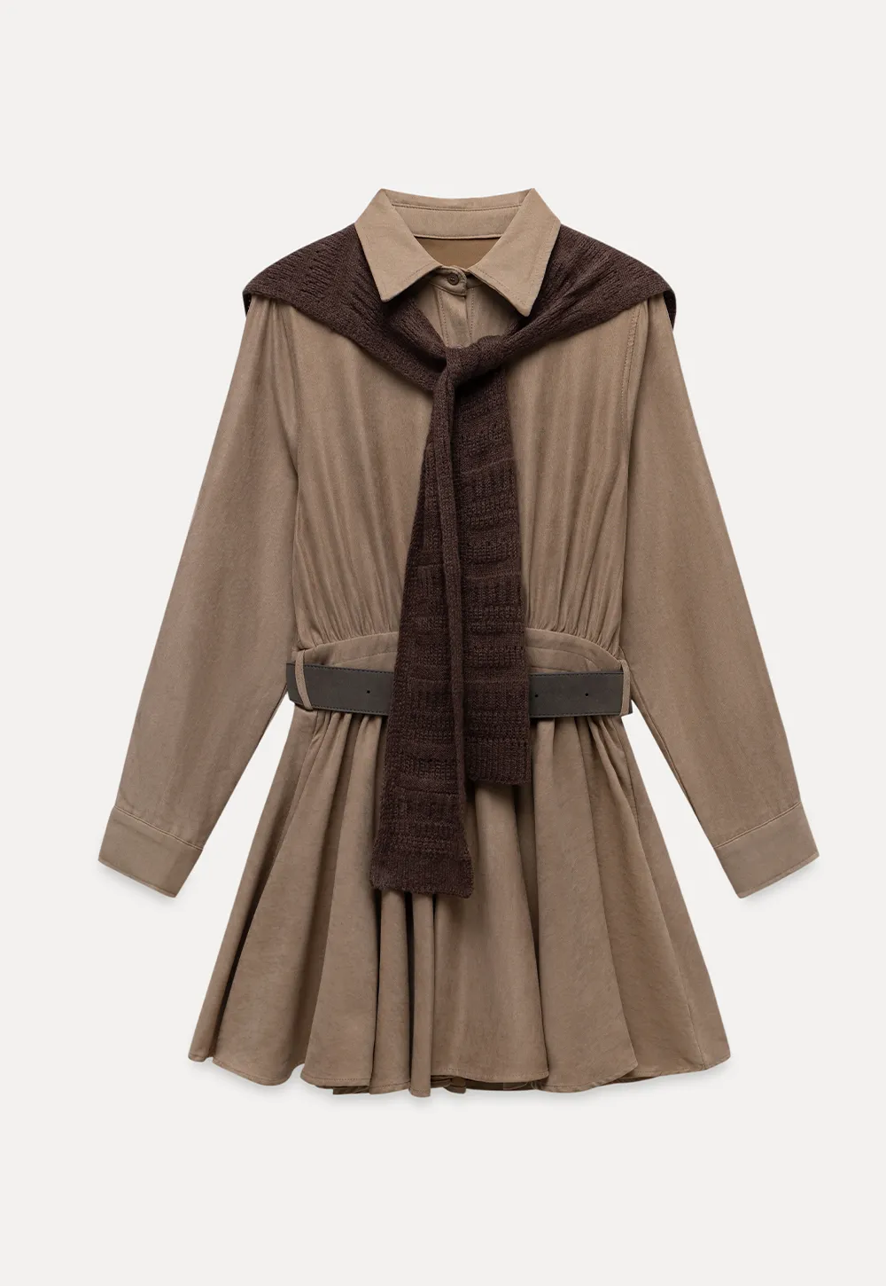 Belted Shirt Dress with Knit Scarf
