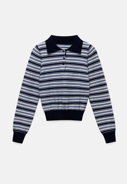 Womens Striped Knit Polo Sweater Long Sleeve