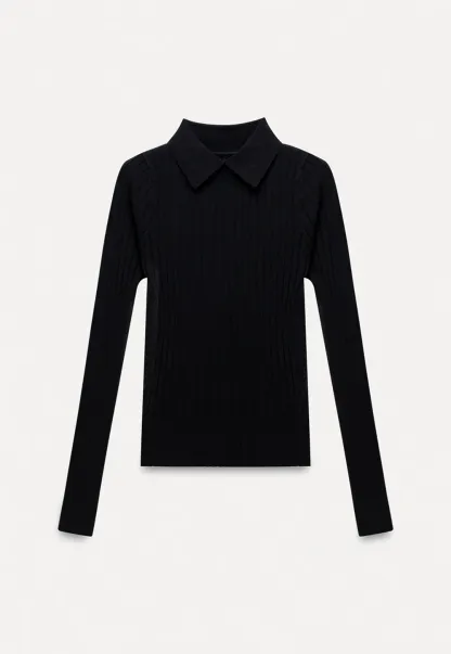 Women Classic Ribbed Knit Polo Long Sleeve