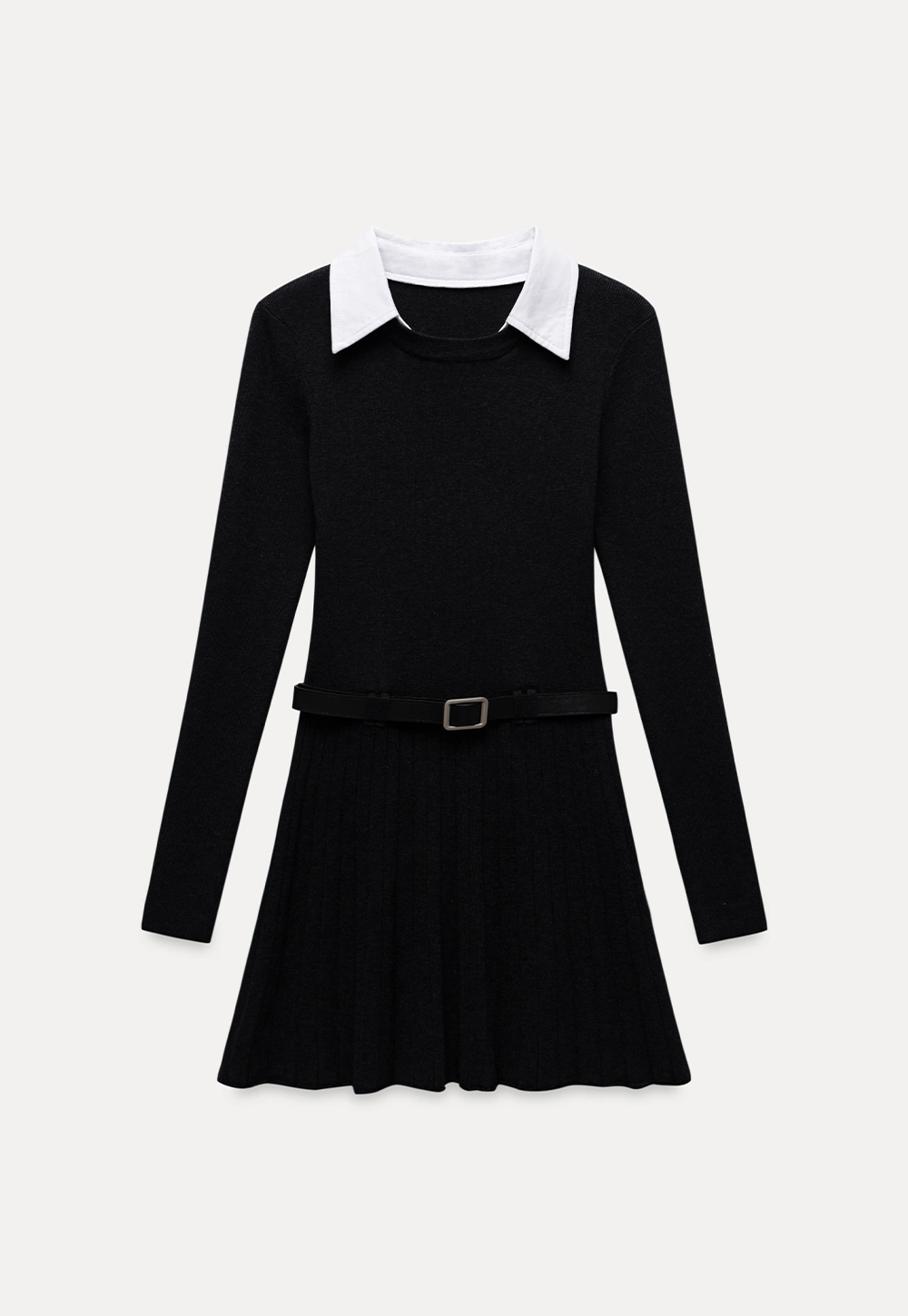 Women Black Sweater Dress with White Collar and Belt