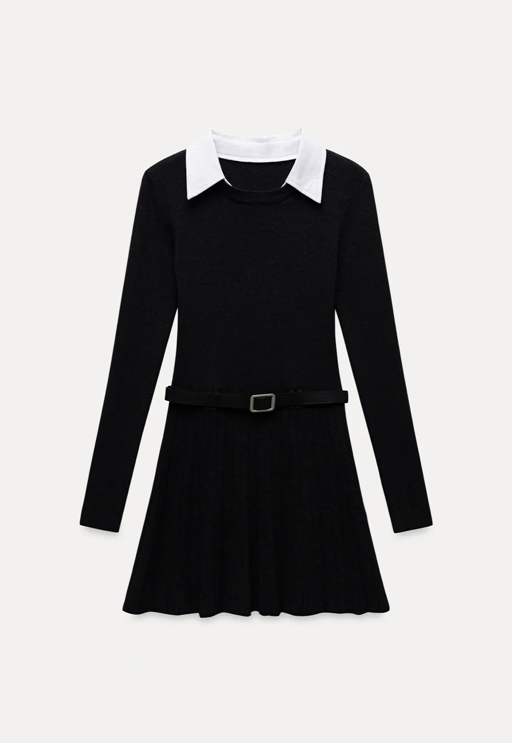 Women Black Sweater Dress with White Collar and Belt