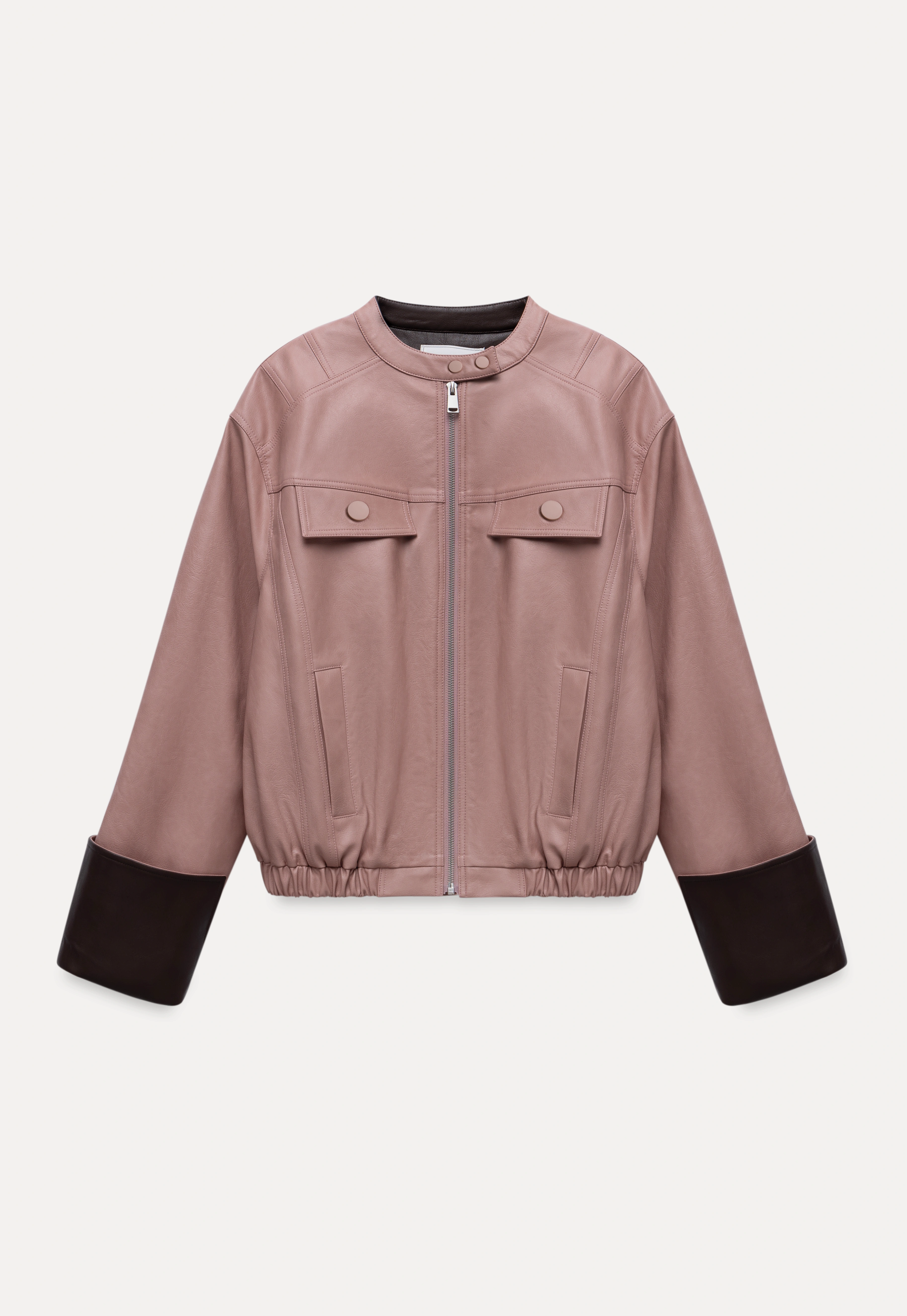 Womens Faux Leather Jacket with Zipper Front and Contrast Cuffs