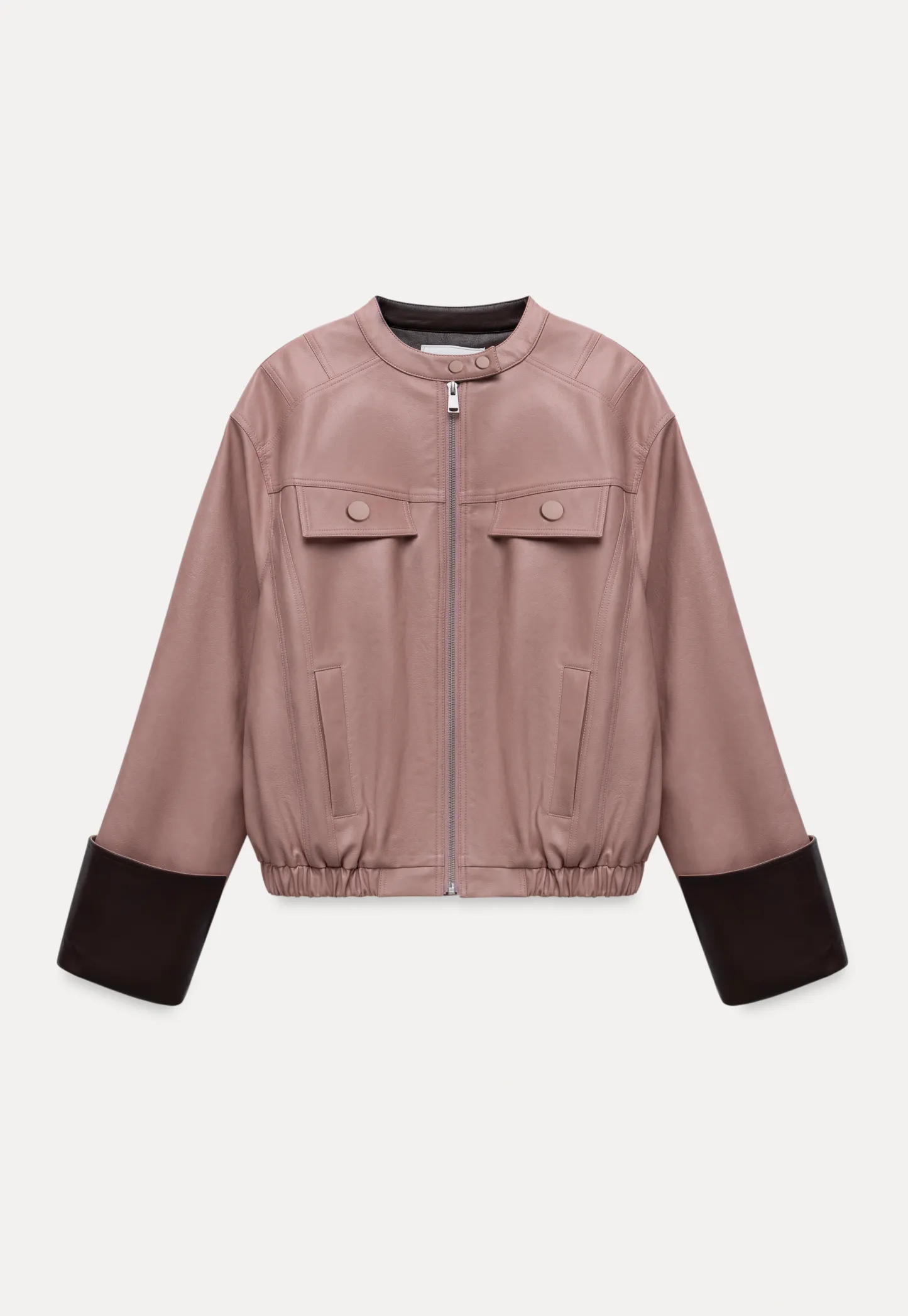 Womens Faux Leather Jacket with Zipper Front and Contrast Cuffs