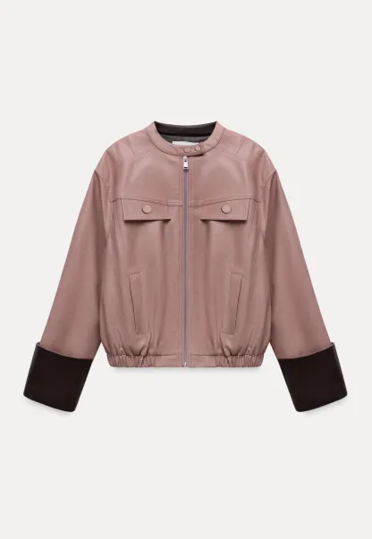 Womens Faux Leather Jacket with Zipper Front and Contrast Cuffs