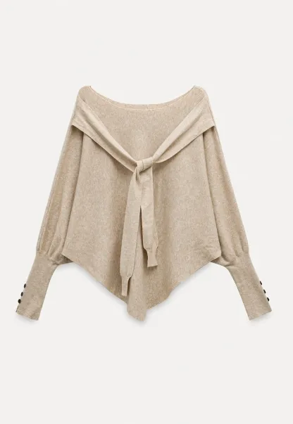 Womens Tie Collar Batwing Knit Sweater