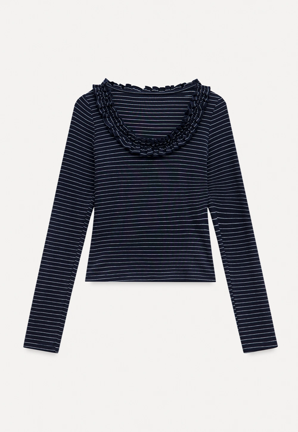 Women Striped Long Sleeve Tee with Ruffled Neckline
