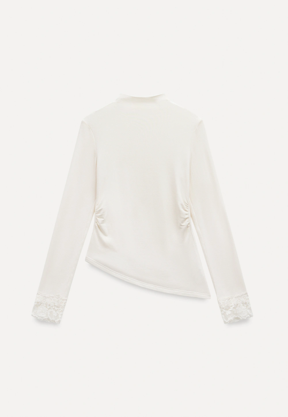 Women Cream White Lace Cuff High Neck Tee