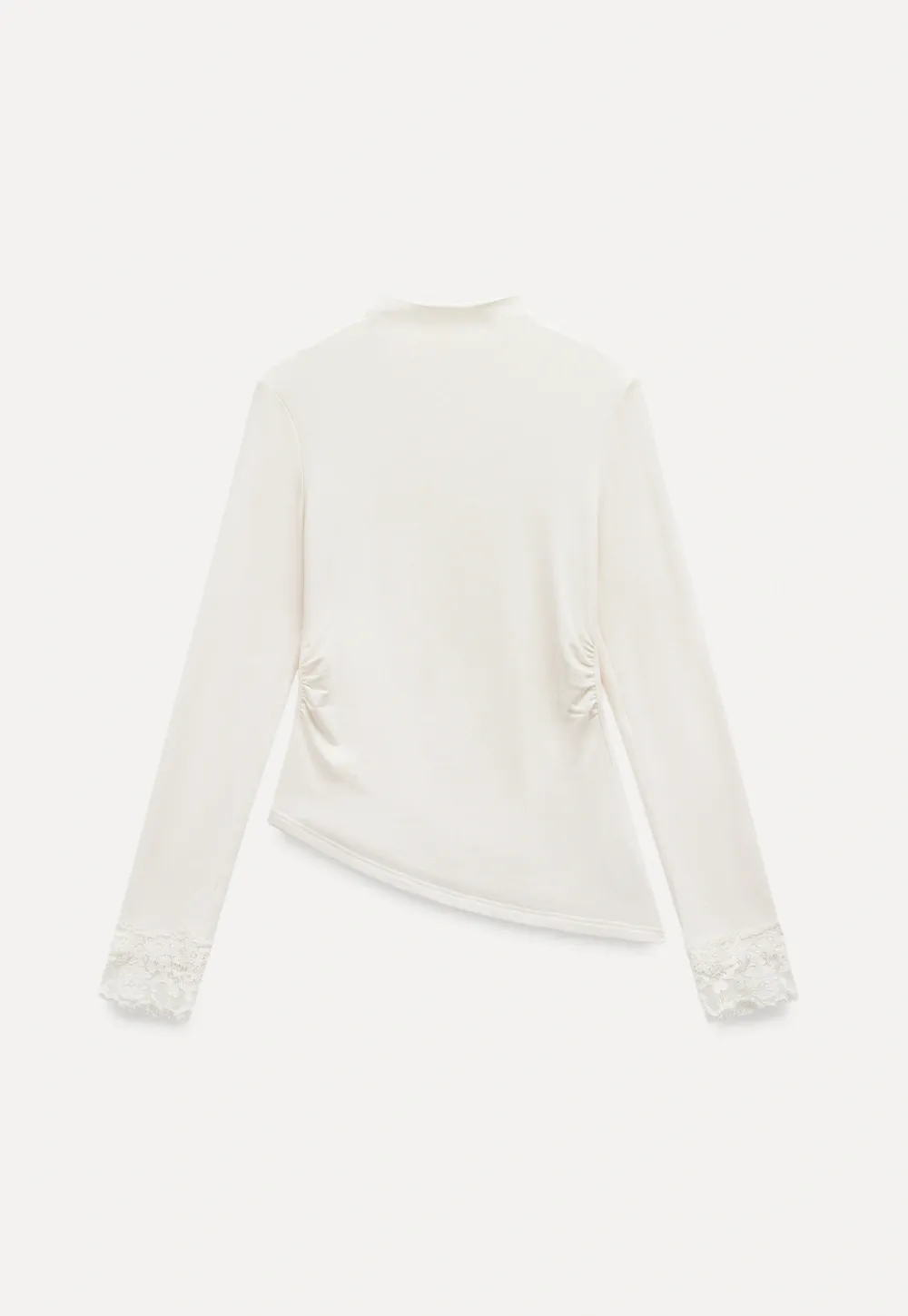 Women Cream White Lace Cuff High Neck Tee