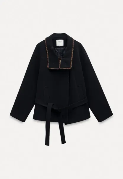 Faux Fur Trim Belted Wool Coat