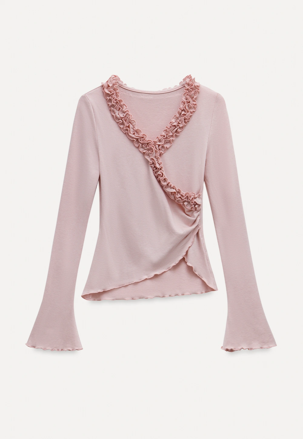 Ruffled V Neck Slim Fit Long Sleeve Tee