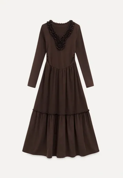Women Long Sleeve Ruffle Neck Vintage Maxi Dress