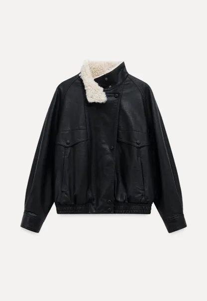 Faux Leather Jacket with Shearling Collar