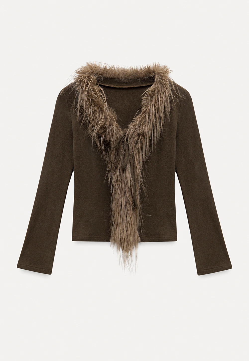 Women Faux Fur Collar Long Sleeve Knit Top