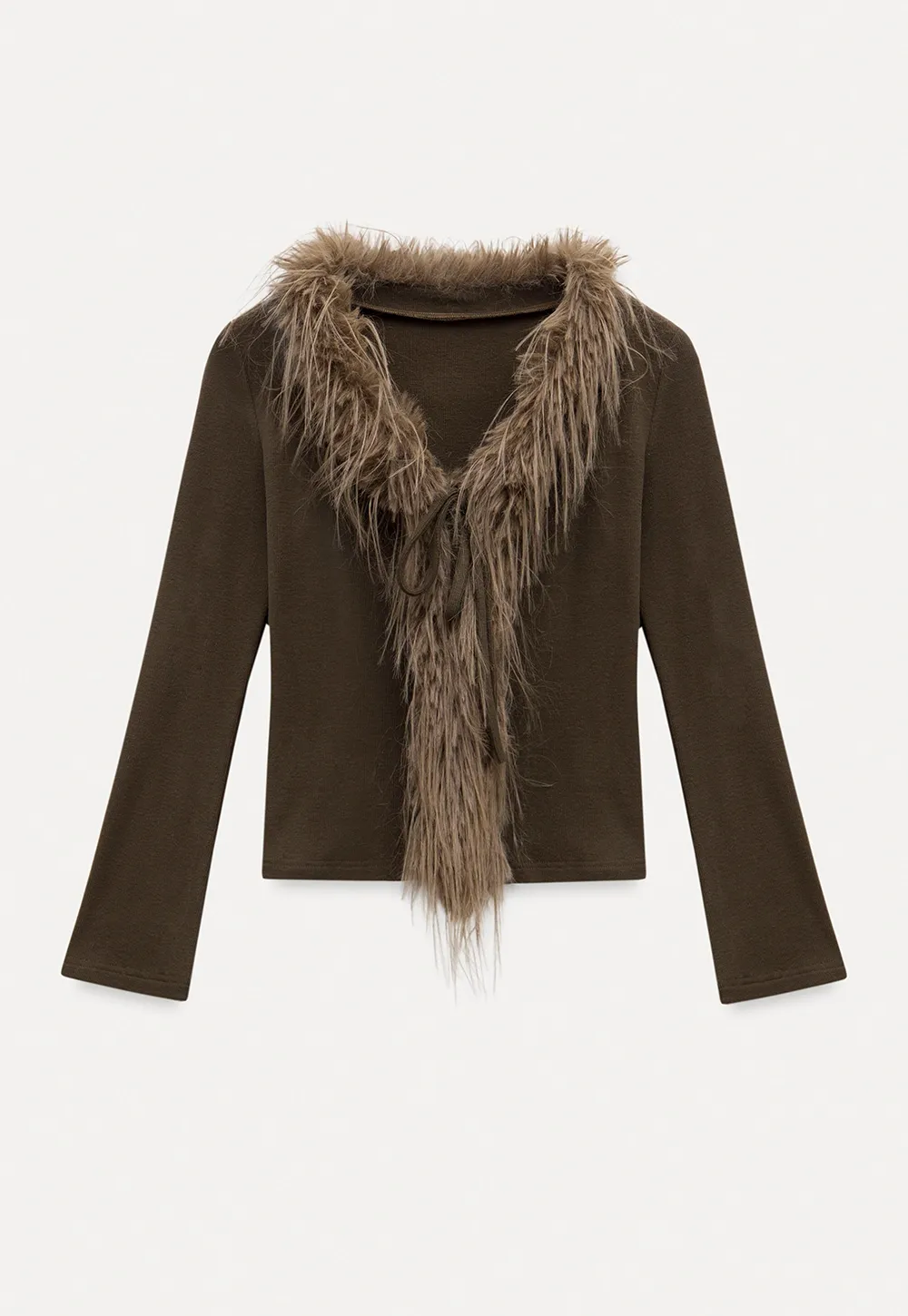 Women Faux Fur Collar Long Sleeve Knit Top