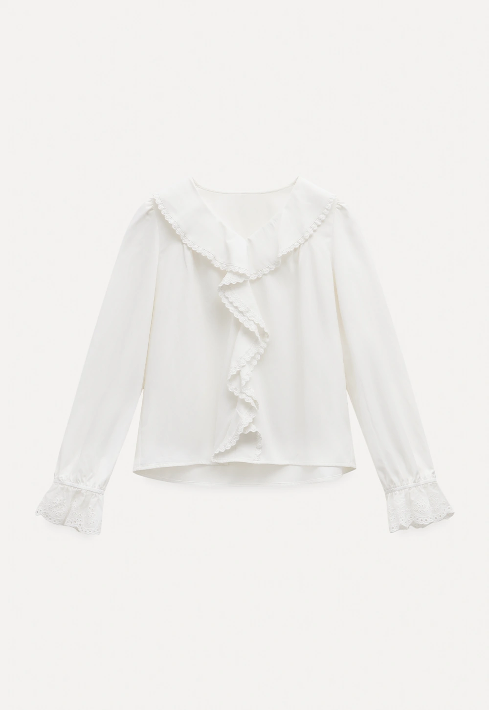 Women Ruffle Lace V Neck Long Sleeve Blouse