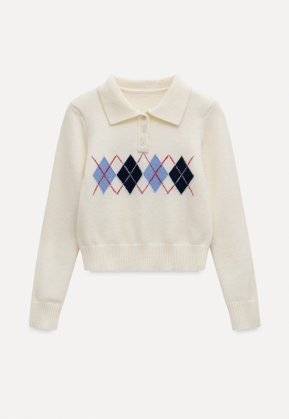 Women Argyle Knit Sweater Collared Long Sleeve Top