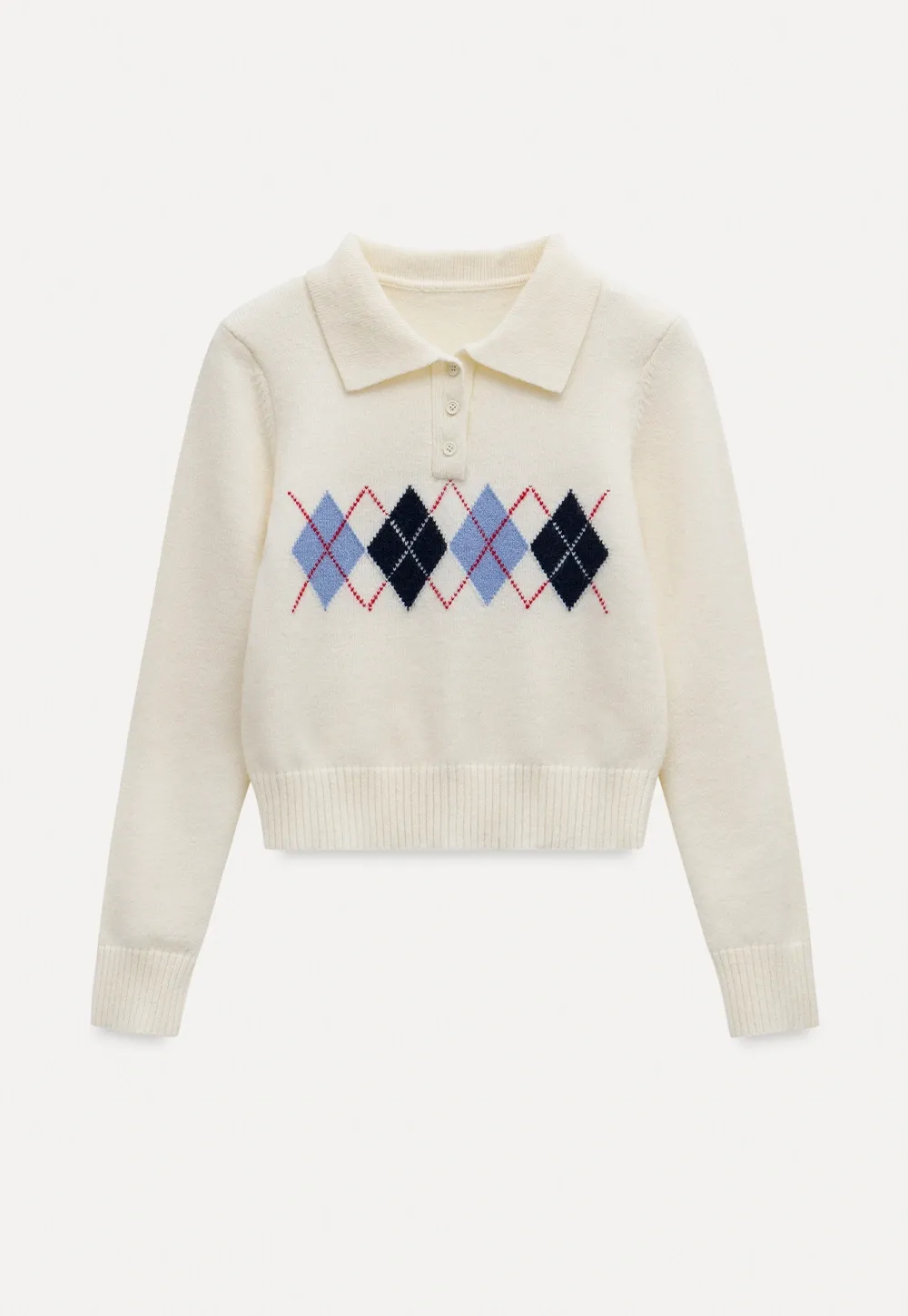 Women Argyle Knit Sweater Collared Long Sleeve Top