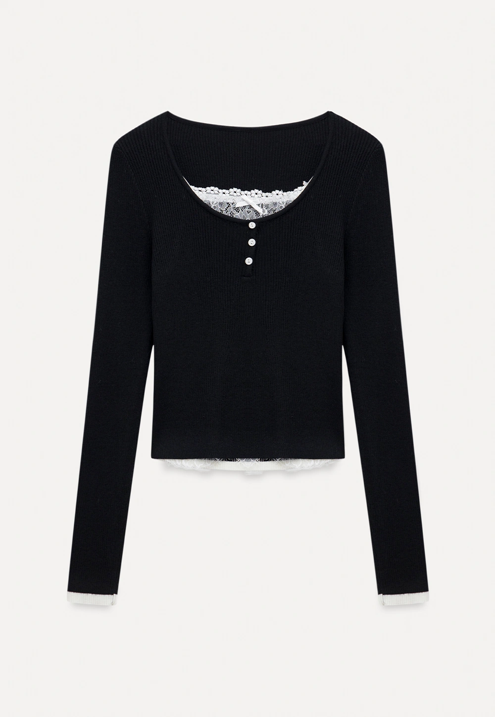 Women Lace Trim Knit Top Long Sleeve Elegant Style