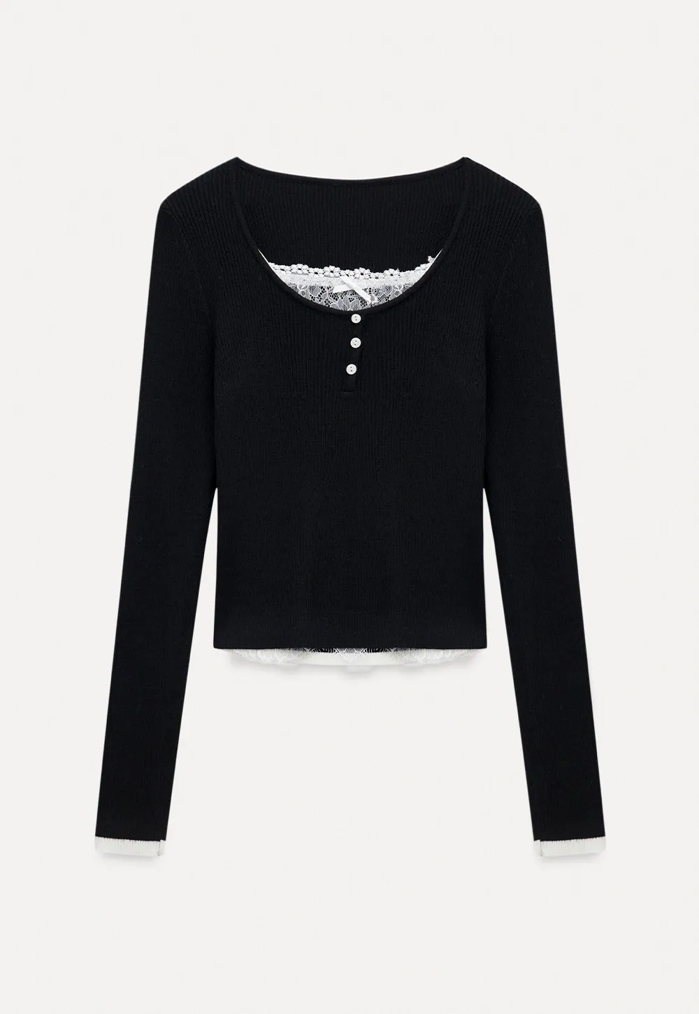 Women Lace Trim Knit Top Long Sleeve Elegant Style