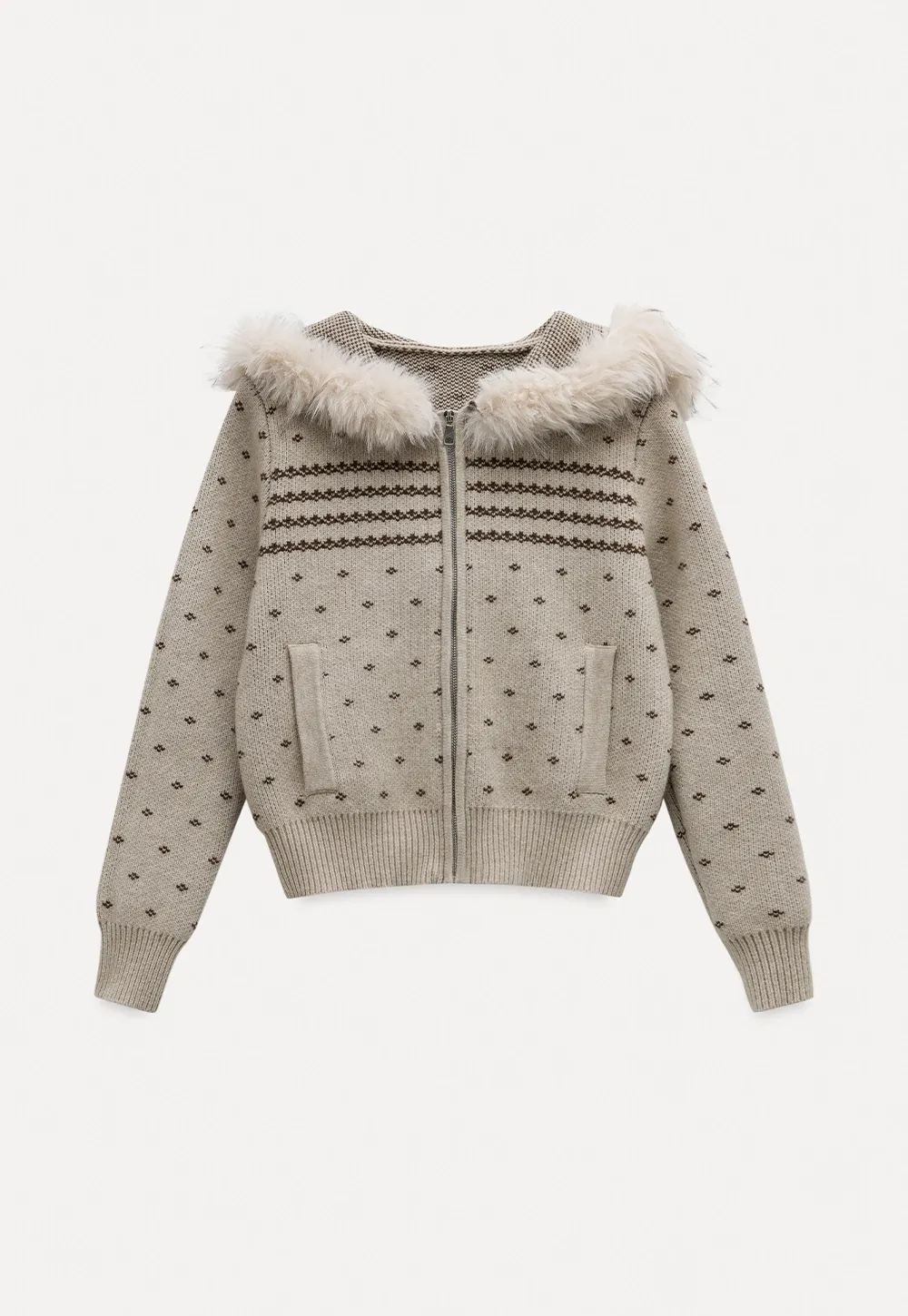 Vintage Knit Hooded Cardigan Women Faux Fur Coat