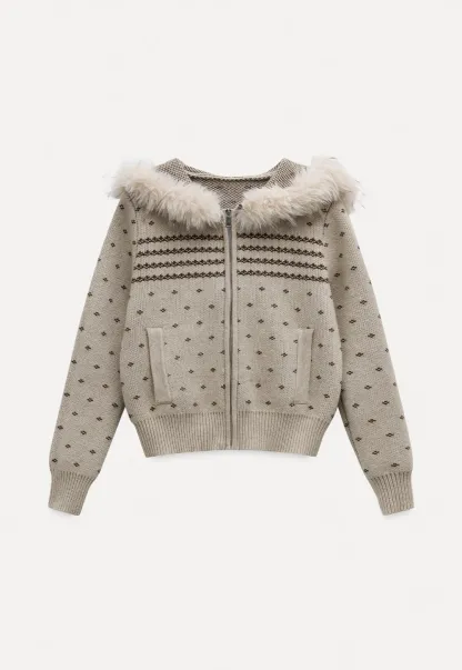 Vintage Knit Hooded Cardigan Women Faux Fur Coat