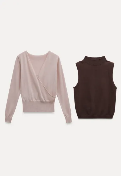 V Neck Wrap Knit Top and Sleeveless Vest Set