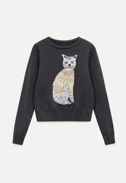 Women Cat Pattern Knit Sweater Cute Pullover Top