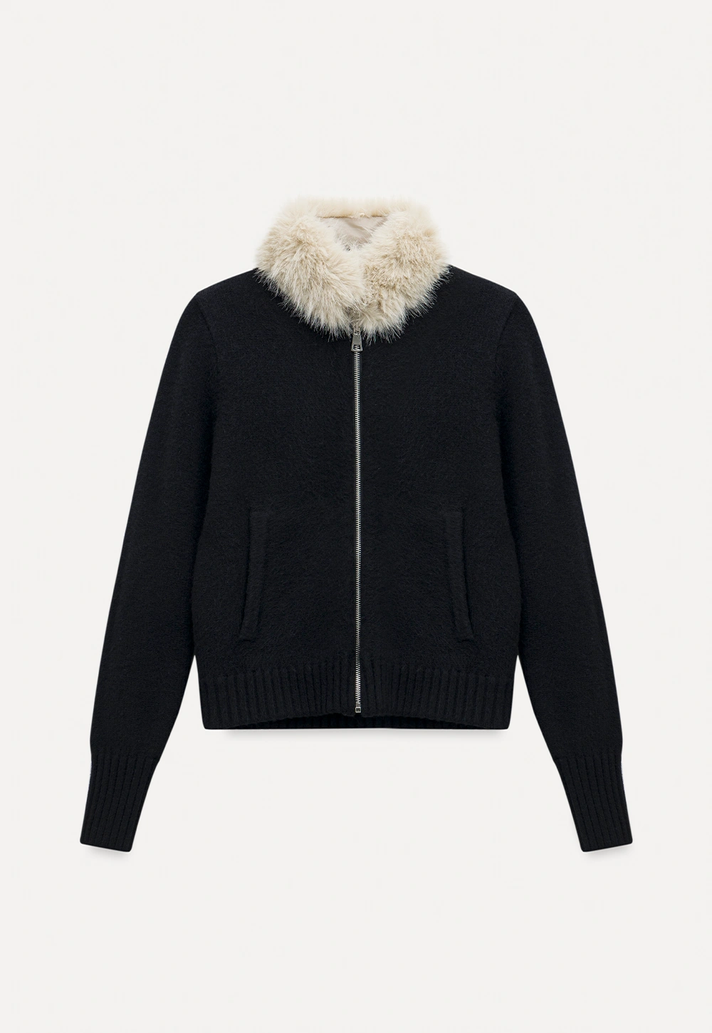 Women Faux Fur Collar Zip Up Short Jacket