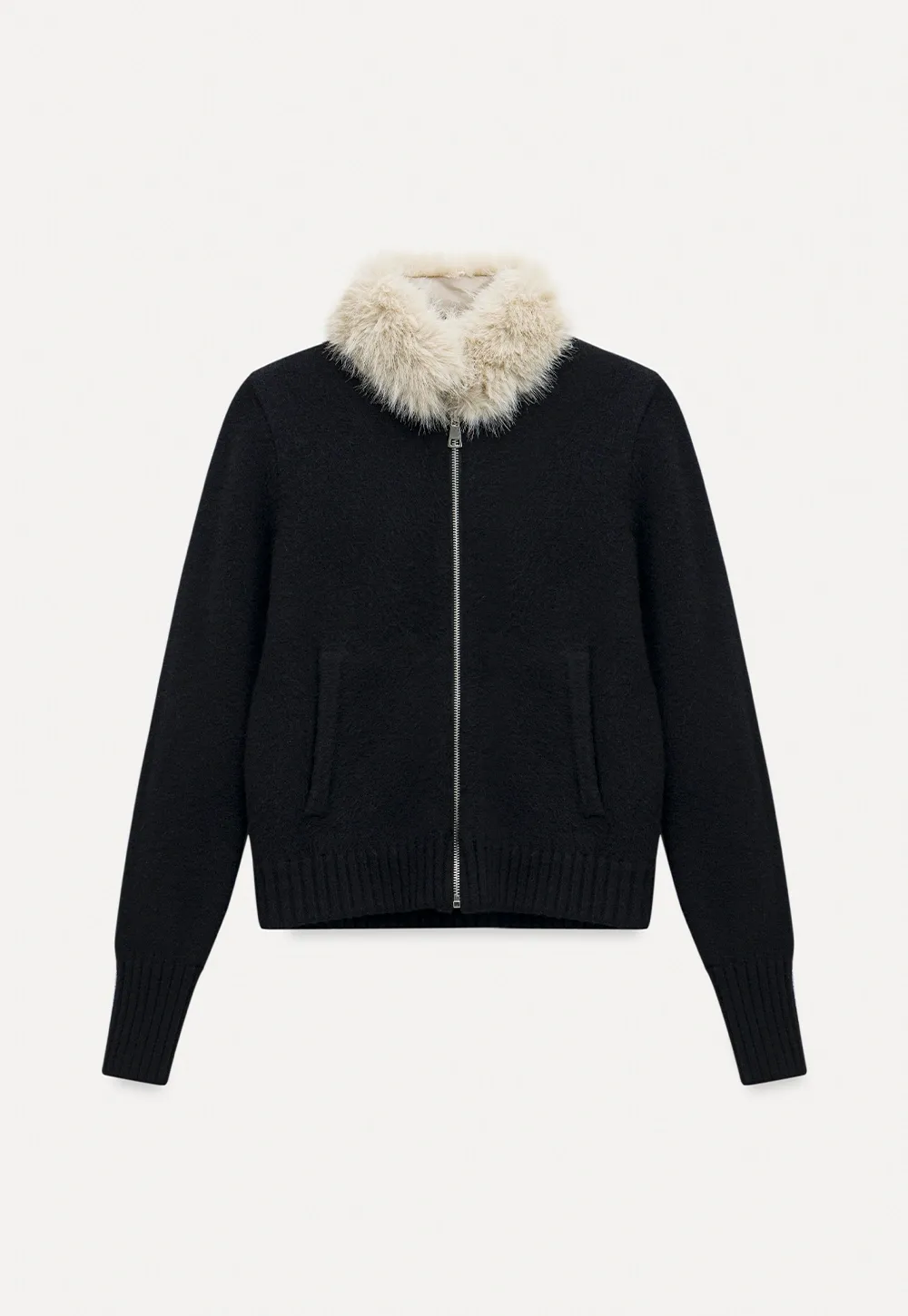 Women Faux Fur Collar Zip Up Short Jacket