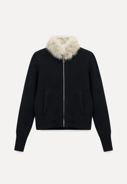 Women Faux Fur Collar Zip Up Short Jacket