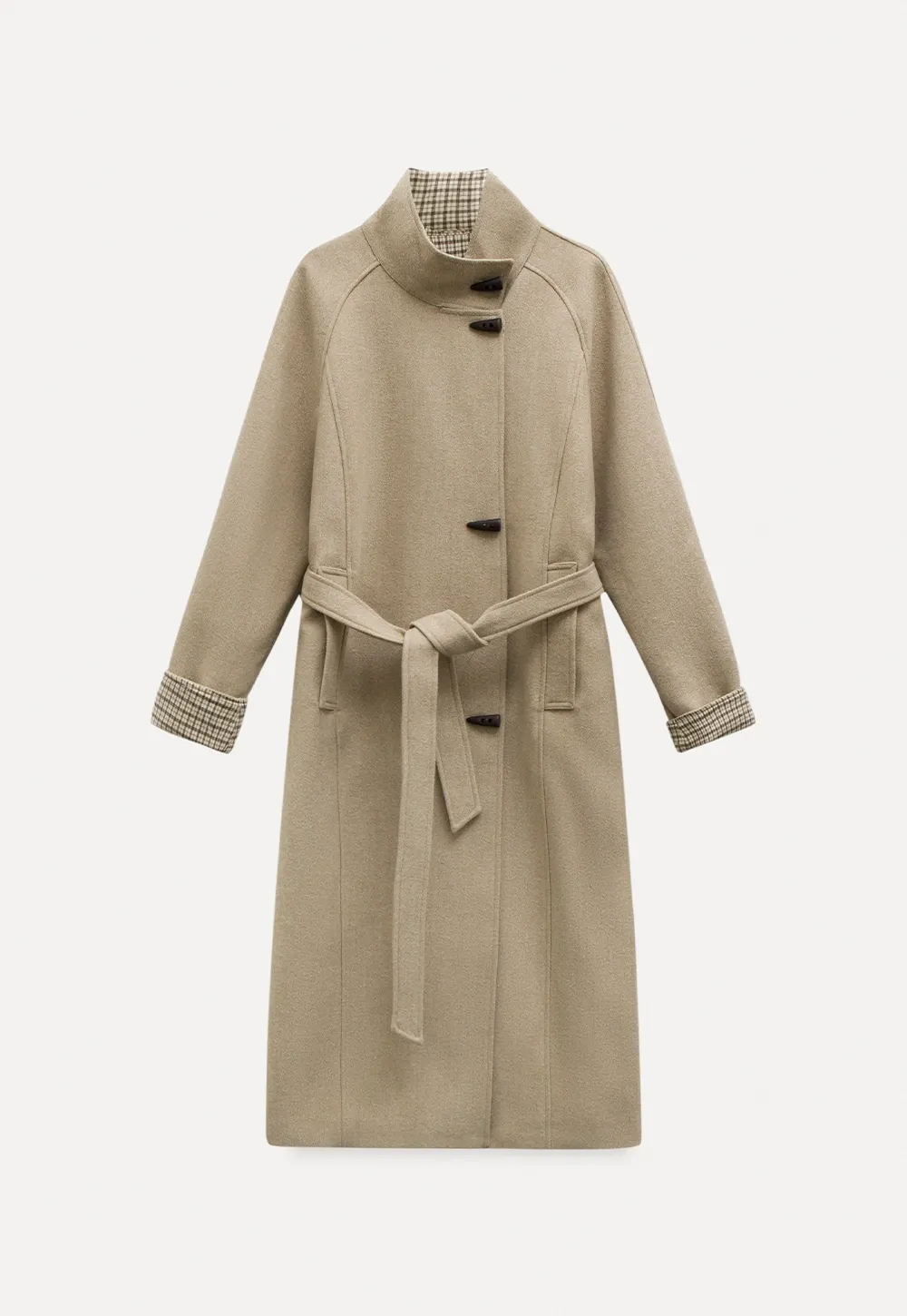 Womens Stand Collar Toggle Wool Coat with Plaid Trim
