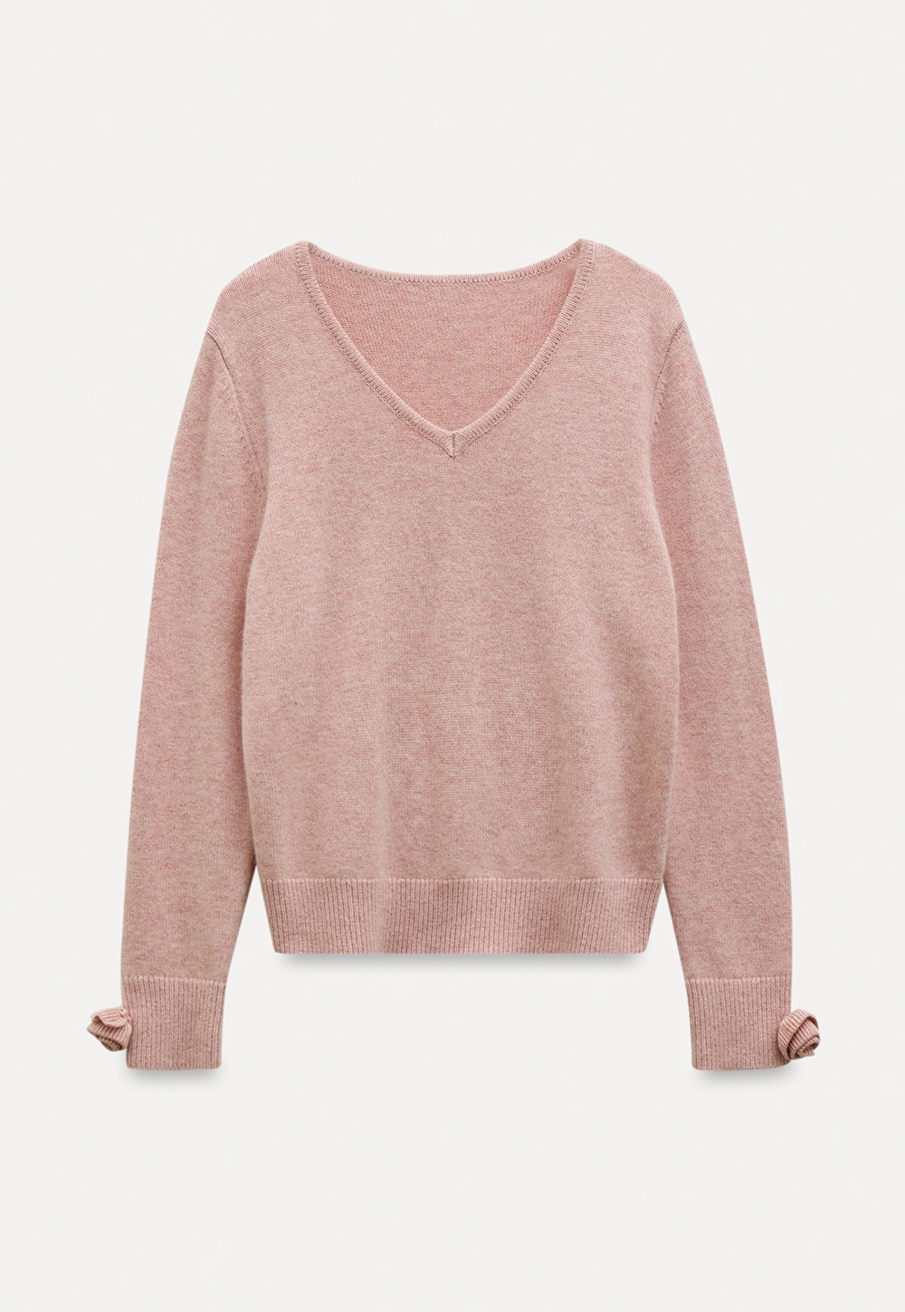 Women V-Neck Knit Sweater with Bow Cuff Detail