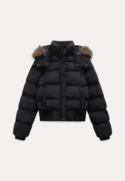 Stylish Black Winter Coat Jacket with Fur Hood