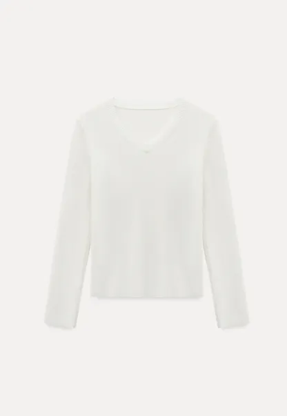 Casual White Long Sleeve Sweater with V-Neck